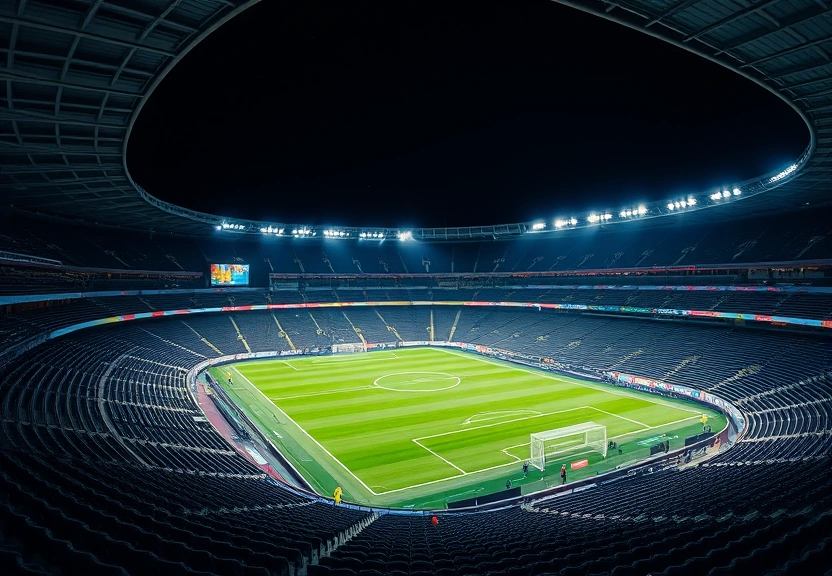 Estádio de futebol vazio à noite, com os refletores acesos