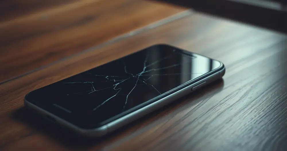 Celular com a tela trincada sobre uma mesa de madeira