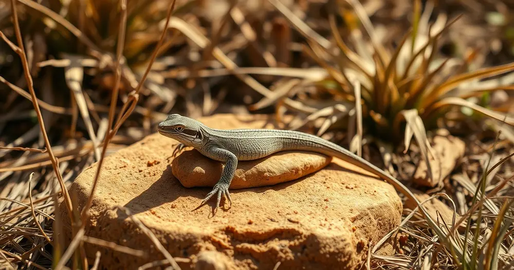 Lagarto sobre uma pedra ao sol em vegetação seca