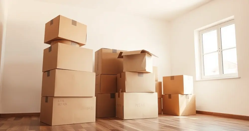 Caixas de papelão empilhadas em uma sala vazia com luz da janela