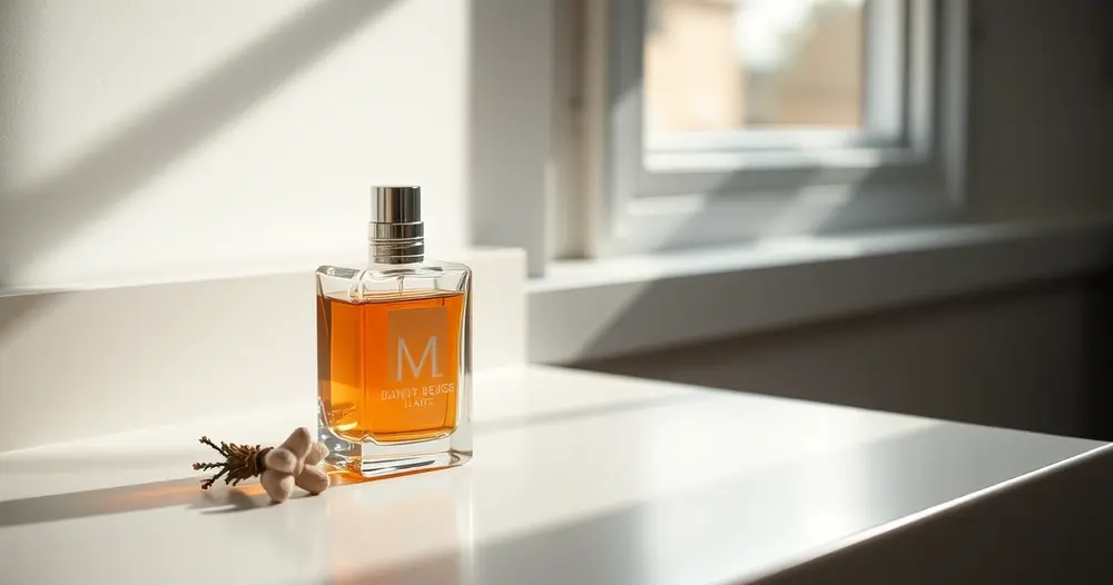 Frasco de perfume de vidro sobre uma bancada clara