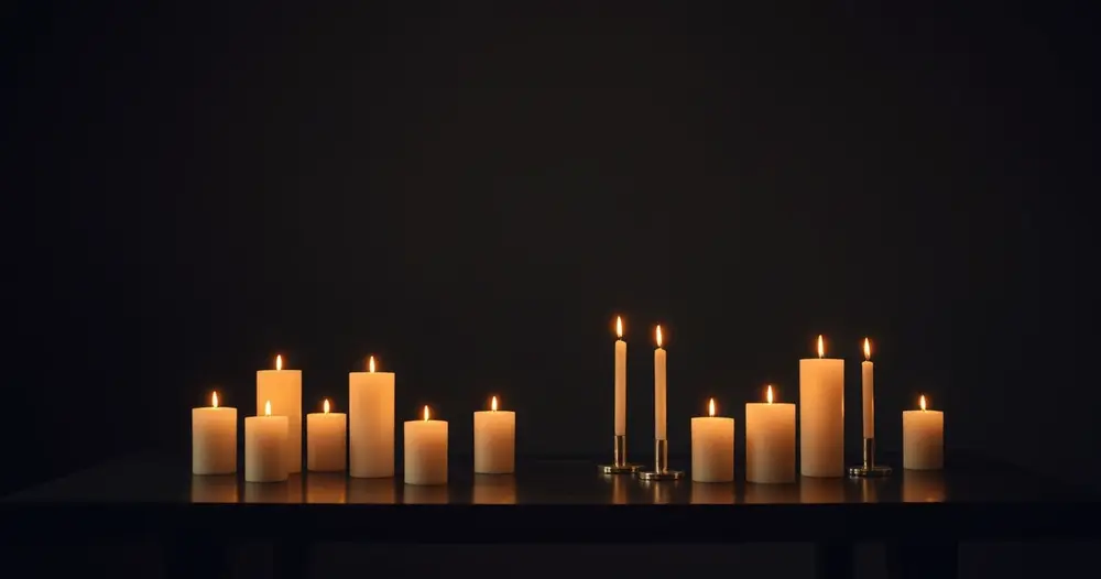 Velas acesas sobre uma mesa escura em ambiente silencioso