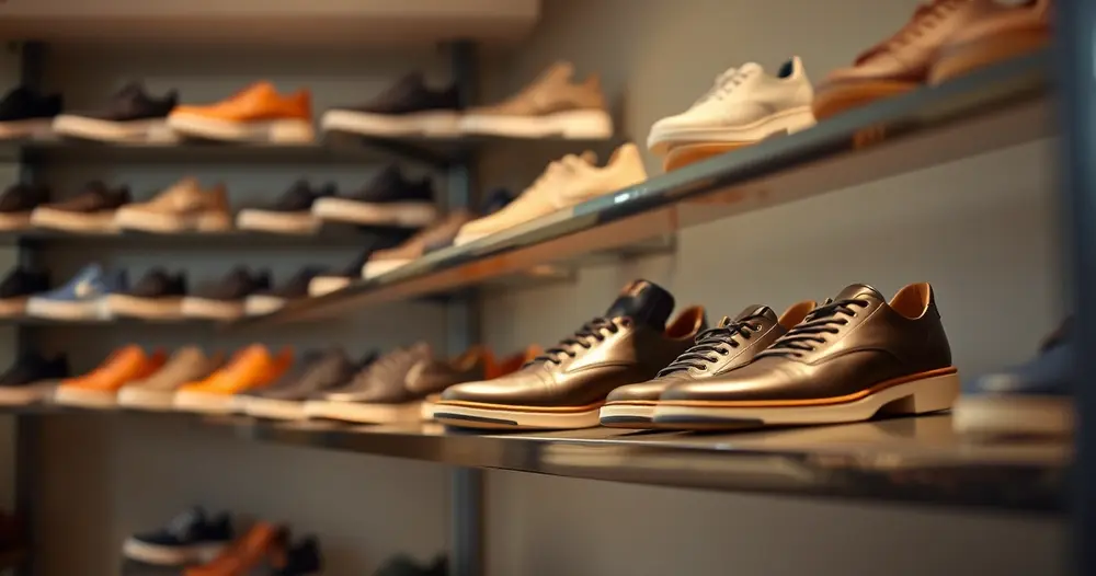Sapatos expostos em prateleira de loja com iluminação suave